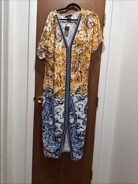 Ashley Stewart Yellow & Blue V-Neck Short Sleeve Midi Dress